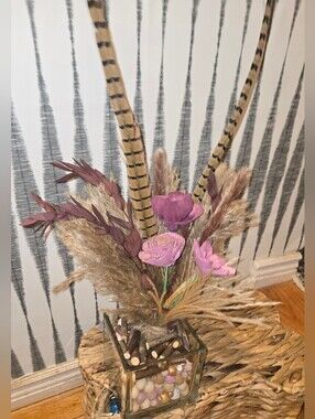 Dusty Mauve Pink Sola Wood Flower Pampas Grass Pheasant Feather Boho Bouquet
